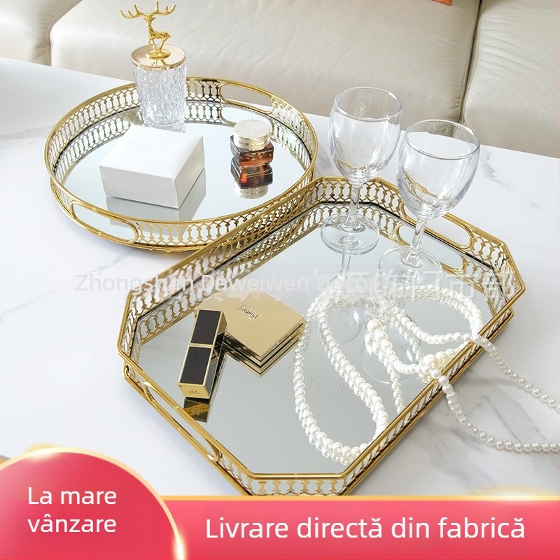 Tavă oglindă de lux în stil european, cu spațiu de depozitare metalic, pentru măsuța de cafea din living, tavă pentru ceai și apă, farfurie de fructe decorativă
