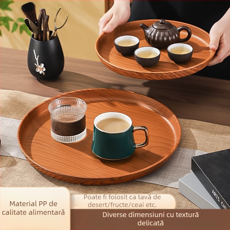 Tava circulară din plastic cu textură de lemn, pentru ceai, cafea și prăjituri