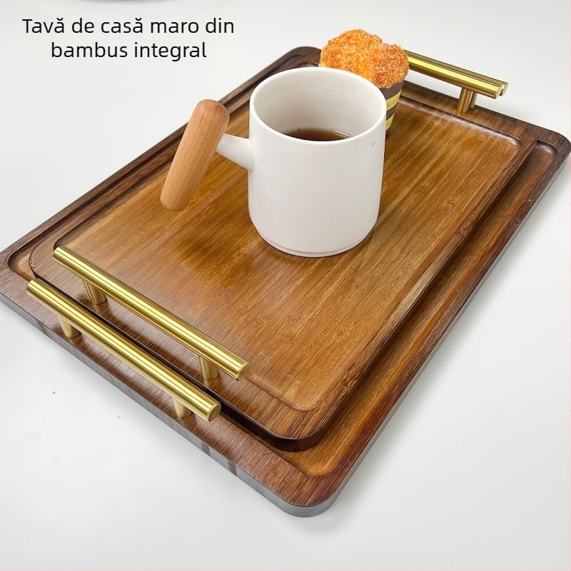 Tavă de ceai din bambus, stil retro-lux, dreptunghiulară, cu suport pentru cești, pentru ceai, prăjituri și gustări