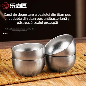 Lehujiang ceai din titan pur, ceașă de ceai cu pereți dubli, stil Kung Fu, ceașă de titan compactă pentru birou