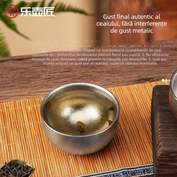 Lehujiang ceai din titan pur, ceașă de ceai cu pereți dubli, stil Kung Fu, ceașă de titan compactă pentru birou