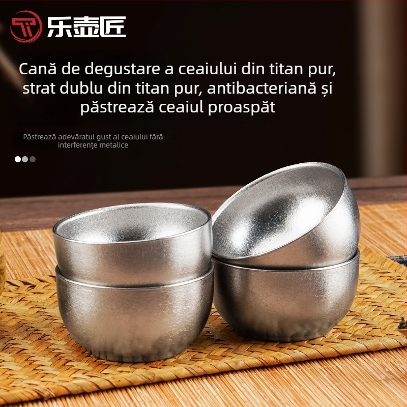 Lehujiang ceai din titan pur, ceașă de ceai cu pereți dubli, stil Kung Fu, ceașă de titan compactă pentru birou