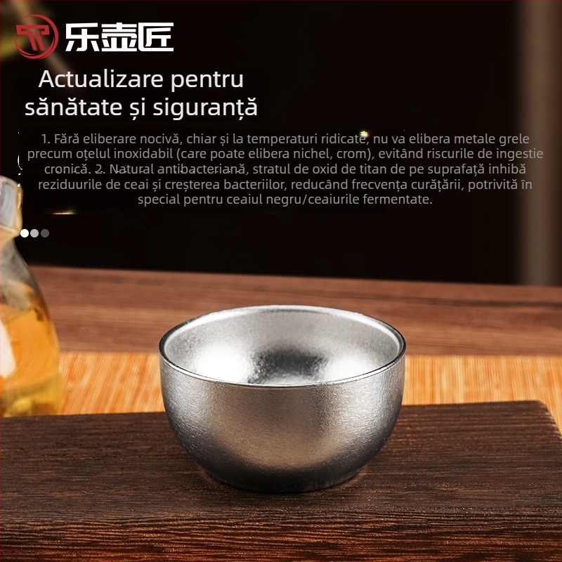 Lehujiang ceai din titan pur, ceașă de ceai cu pereți dubli, stil Kung Fu, ceașă de titan compactă pentru birou
