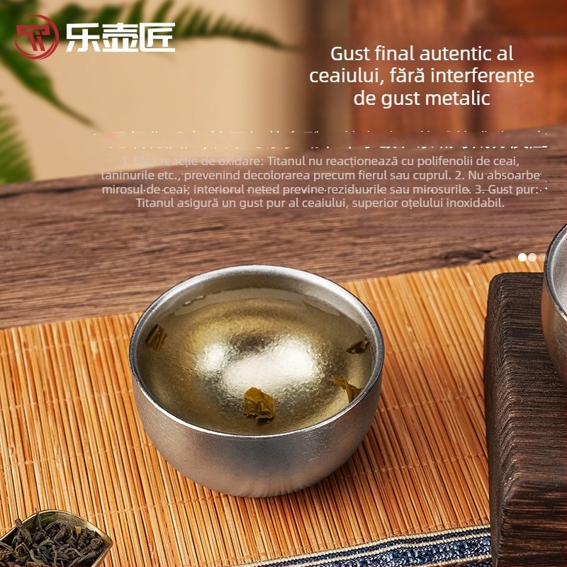 Lehujiang ceai din titan pur, ceașă de ceai cu pereți dubli, stil Kung Fu, ceașă de titan compactă pentru birou