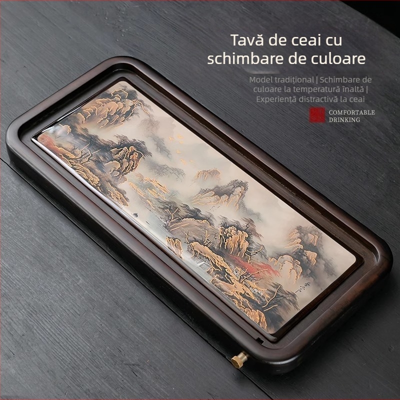 Tavă de ceai din bambus cu schimbare de culoare, stocare de apă și drenaj, stil peisaj chinezesc pentru ceai, mică tavă de uscare