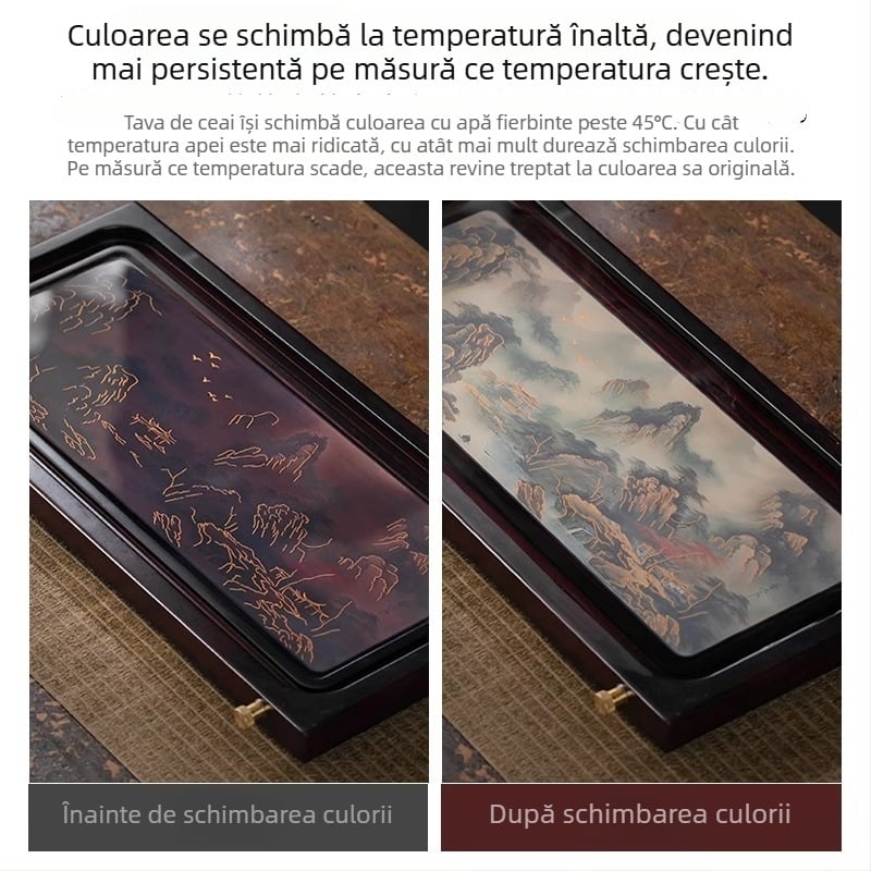 Tavă de ceai din bambus cu schimbare de culoare, stocare de apă și drenaj, stil peisaj chinezesc pentru ceai, mică tavă de uscare