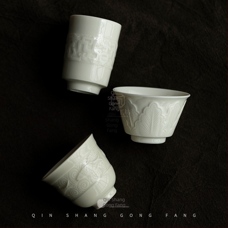 Dingyao cană ceramică albă cu relief pentru degustare de ceai – mică ceașcă personală pentru Kung Fu ceai acasă