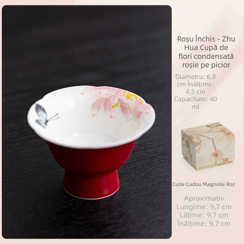 Cească de ceai înaltă, glazură roșie, motiv fluture-flori, pictură manuală, stil chinezesc pentru degustarea ceaiului