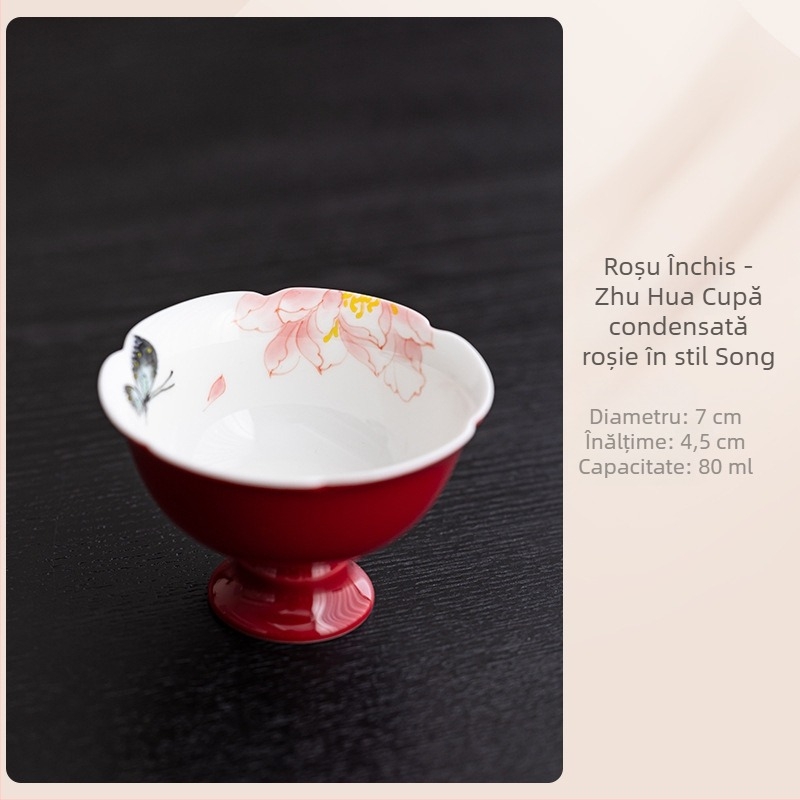 Cească de ceai înaltă, glazură roșie, motiv fluture-flori, pictură manuală, stil chinezesc pentru degustarea ceaiului