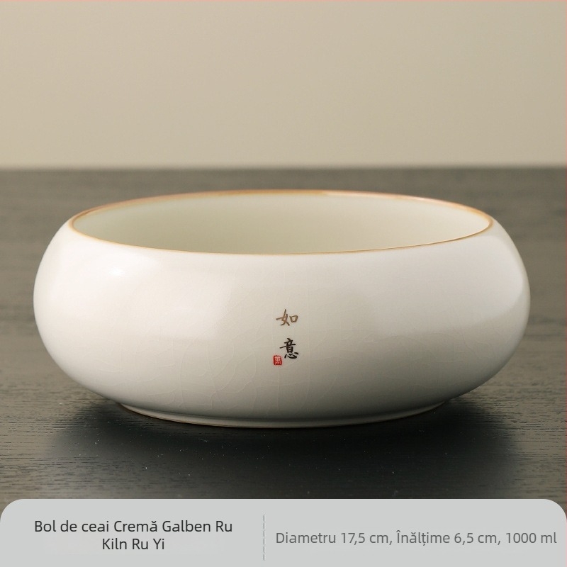 Set de curățare a ceaiului Ru kiln beige pentru ceremonie de acasă — tavă mare pentru ceai, borcan pentru resturi de ceai, oală de apă, recipient pentru clătire ceai, unelte pentru prepararea ceaiului