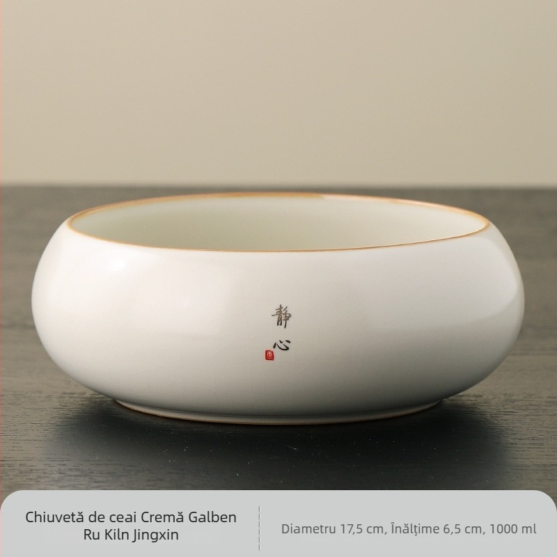 Set de curățare a ceaiului Ru kiln beige pentru ceremonie de acasă — tavă mare pentru ceai, borcan pentru resturi de ceai, oală de apă, recipient pentru clătire ceai, unelte pentru prepararea ceaiului