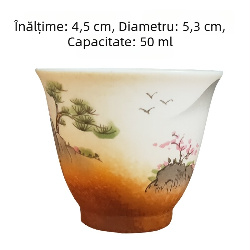 Ceașcă de ceai din porțelan alb, pictură manuală cu peisaj, ilustrație japoneză, ceașcă ceramic Gongfu, mică ceașcă de ceai vintage.