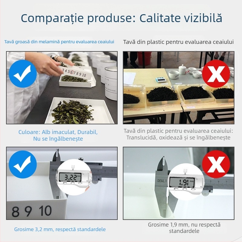 Tava de probe pentru ceai pentru evaluare — tavă albă din melamină pentru expunere, stil chinezesc, design simplu