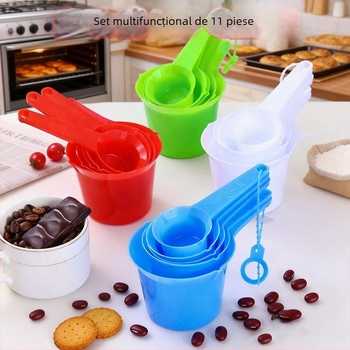 Set de 11 linguri măsurătoare din plastic alb cu scară, include linguri pentru supă, lingurițe, linguri pentru condimente și linguri pentru coacere
