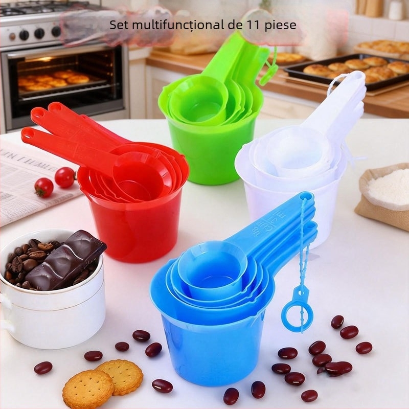 Set de 11 linguri măsurătoare din plastic alb cu scară, include linguri pentru supă, lingurițe, linguri pentru condimente și linguri pentru coacere