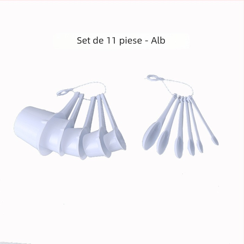 Set de 11 linguri măsurătoare din plastic alb cu scară, include linguri pentru supă, lingurițe, linguri pentru condimente și linguri pentru coacere