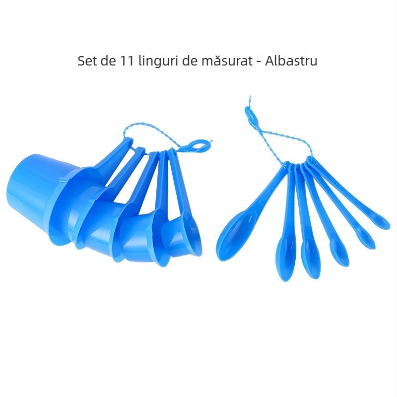 Set de 11 linguri măsurătoare din plastic alb cu scară, include linguri pentru supă, lingurițe, linguri pentru condimente și linguri pentru coacere