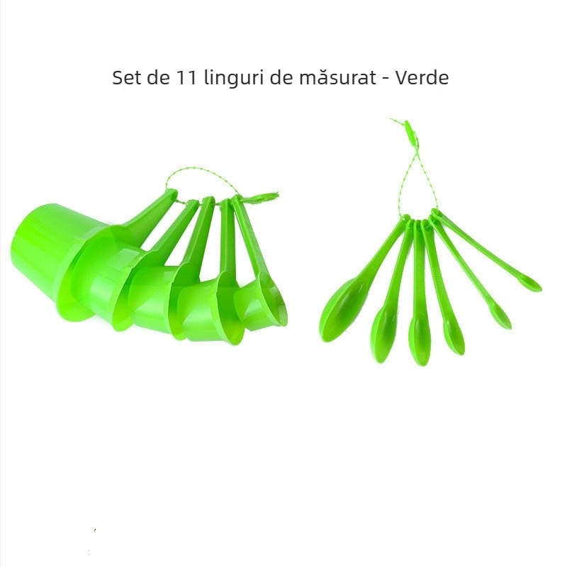Set de 11 linguri măsurătoare din plastic alb cu scară, include linguri pentru supă, lingurițe, linguri pentru condimente și linguri pentru coacere