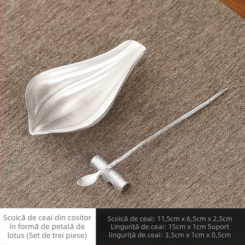 Set de ceai din tin cu trei piese, inspirat de Zen, cu petale de lotus, linguriță pentru ceai și accesorii pentru ceremonia Gongfu