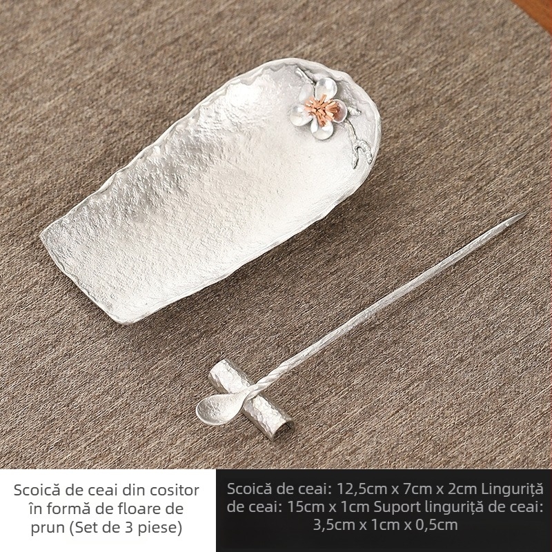 Set de ceai din tin cu trei piese, inspirat de Zen, cu petale de lotus, linguriță pentru ceai și accesorii pentru ceremonia Gongfu