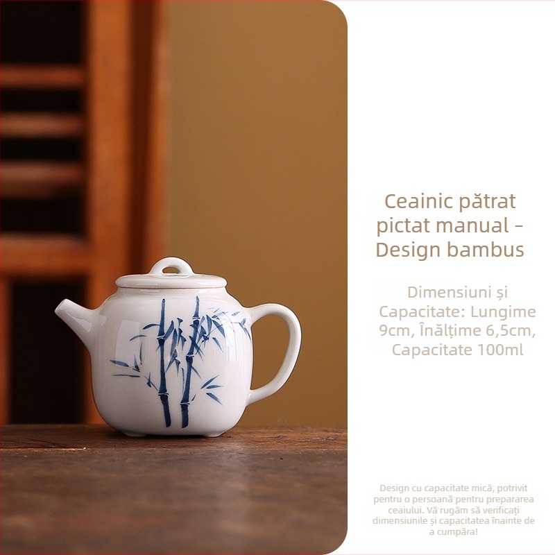 Ceainic ceramic pictat manual, mic, cu culoare sub glazură, pentru uz personal