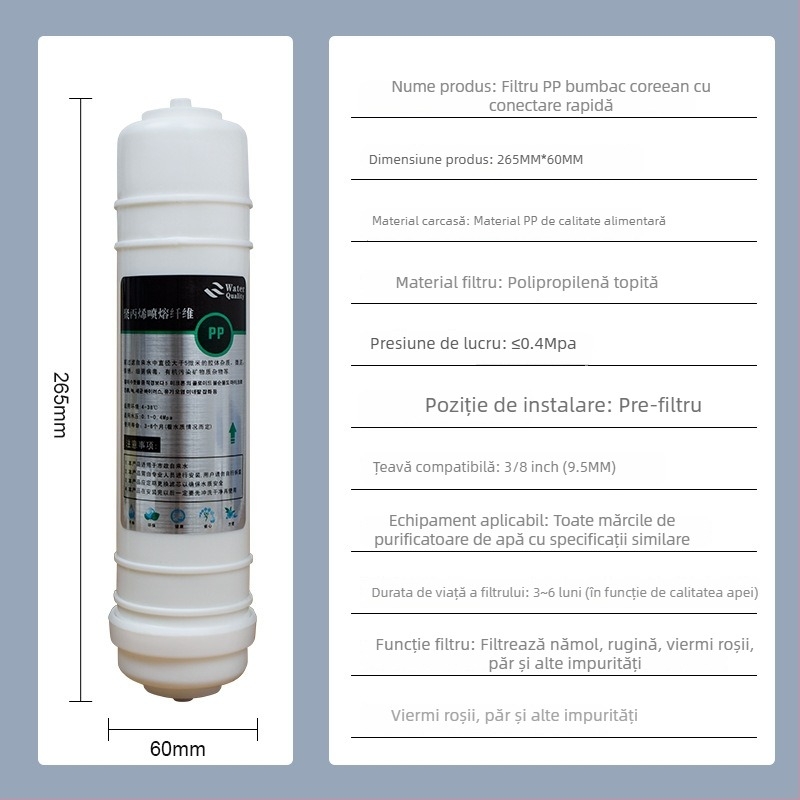 Element filtrant pentru purificator de apă, conectare rapidă cu 3 porturi, ultrafiltrare în cinci etape cu filtru din bumbac PP încorporat