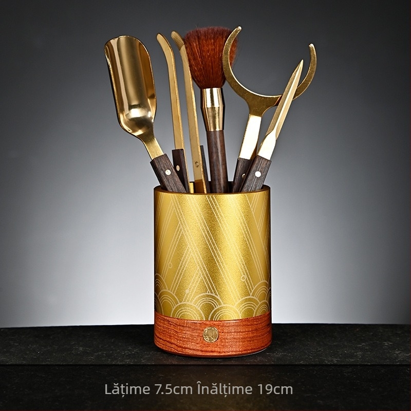 Set de ceremonie a ceaiului „Six Gentlemen“ din aluminiu spațial și lemn de abanos – accesorii de ceai pentru uz casnic de înaltă calitate