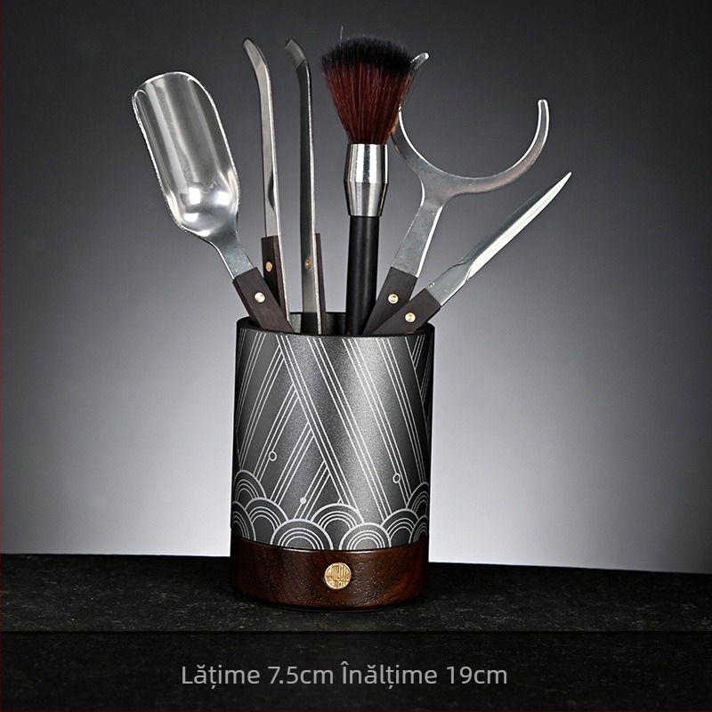 Set de ceremonie a ceaiului „Six Gentlemen“ din aluminiu spațial și lemn de abanos – accesorii de ceai pentru uz casnic de înaltă calitate