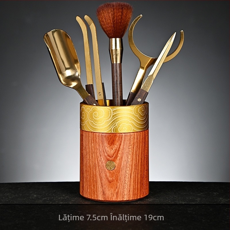 Set de ceremonie a ceaiului „Six Gentlemen“ din aluminiu spațial și lemn de abanos – accesorii de ceai pentru uz casnic de înaltă calitate