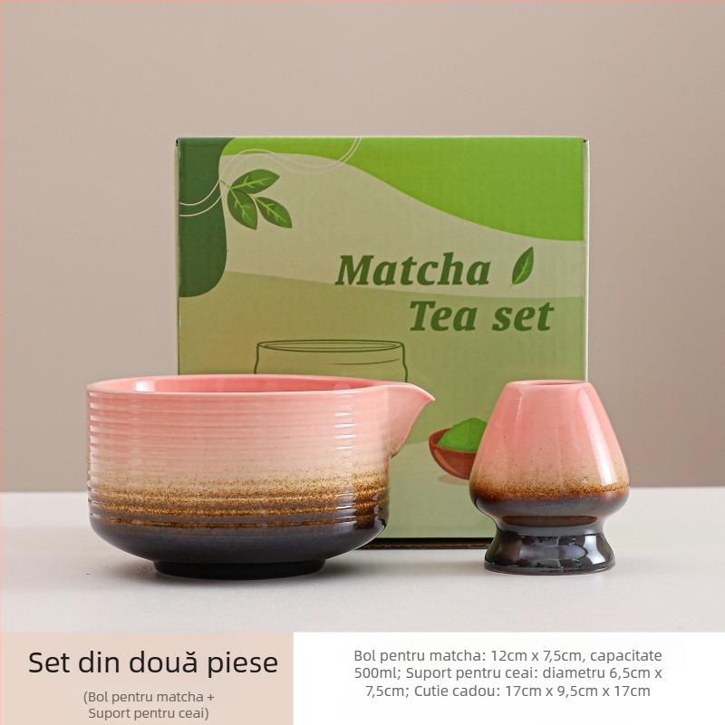 Set japonez ceramic pentru matcha, bol pentru matcha cu gradient roz și verde, cu gură și tel de bătut