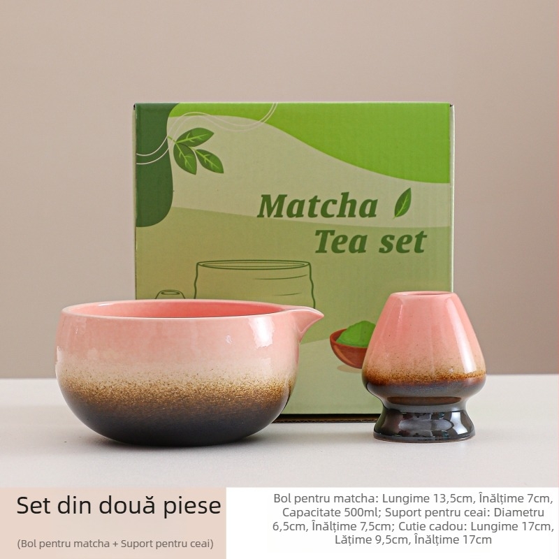Set japonez ceramic pentru matcha, bol pentru matcha cu gradient roz și verde, cu gură și tel de bătut