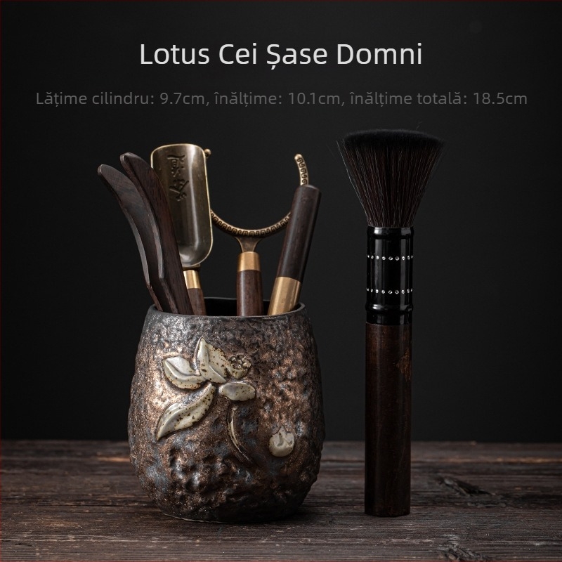 Set japonez pentru ceremonia ceaiului, cu finisaj aurit și lemn de abanos, cu șase ustensile pentru ceai (pensulă, clips, linguriță) și un set ceramic Kung Fu pentru ceai