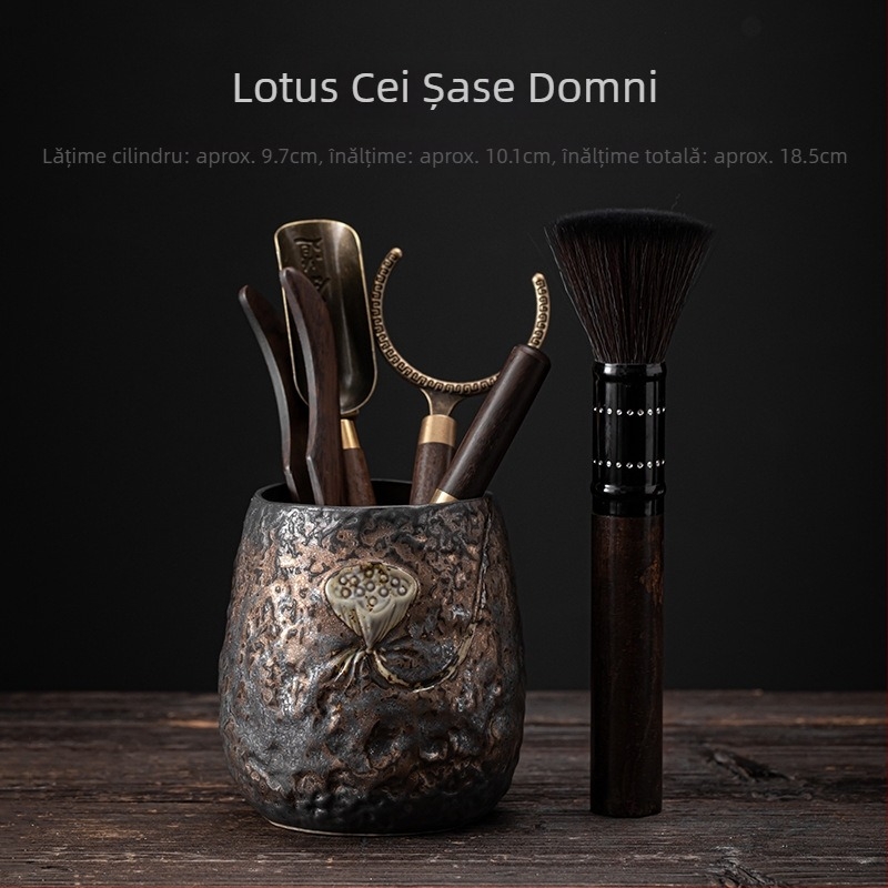 Set japonez pentru ceremonia ceaiului, cu finisaj aurit și lemn de abanos, cu șase ustensile pentru ceai (pensulă, clips, linguriță) și un set ceramic Kung Fu pentru ceai