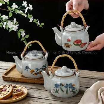 Ceainic din porțelan în stil antic, cu mâner pictat manual, set Kung Fu pentru ceai, ansamblu complet pentru ceaiul de după-amiază: ceainic, tavă pentru ceai, ceainic floral și ceașcă de ceai