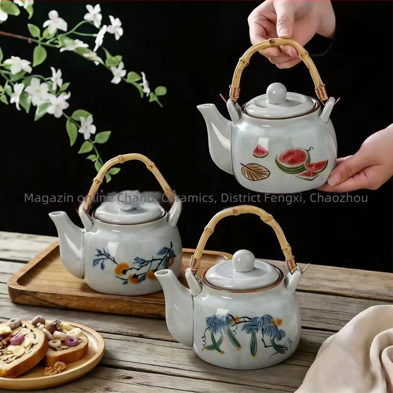Ceainic din porțelan în stil antic, cu mâner pictat manual, set Kung Fu pentru ceai, ansamblu complet pentru ceaiul de după-amiază: ceainic, tavă pentru ceai, ceainic floral și ceașcă de ceai