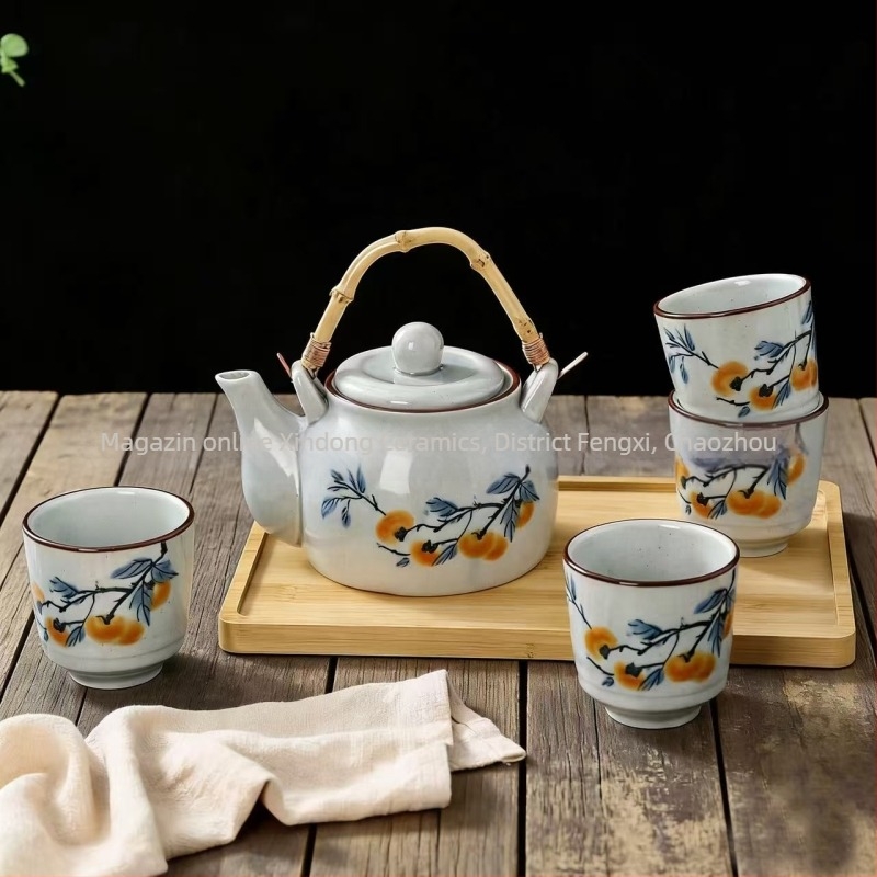 Ceainic din porțelan în stil antic, cu mâner pictat manual, set Kung Fu pentru ceai, ansamblu complet pentru ceaiul de după-amiază: ceainic, tavă pentru ceai, ceainic floral și ceașcă de ceai