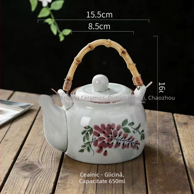 Ceainic din porțelan în stil antic, cu mâner pictat manual, set Kung Fu pentru ceai, ansamblu complet pentru ceaiul de după-amiază: ceainic, tavă pentru ceai, ceainic floral și ceașcă de ceai