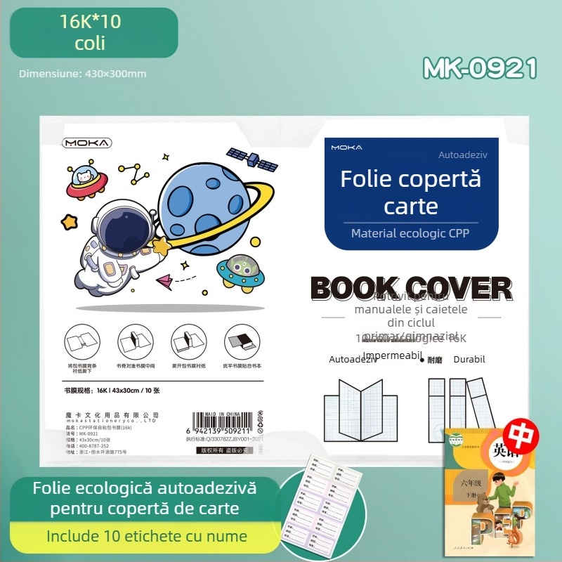 Capace autoadezive pentru manuale pentru școala primară — set complet de capace mate, protecție impermeabilă, folie transparentă pentru manuale