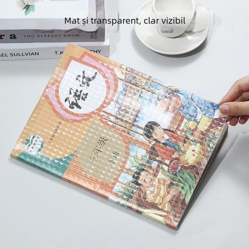 Folie autocolantă pentru copertă de carte, transparentă, mată, rezistentă la apă, pentru manualele elevilor din ciclurile primar și gimnazial, dimensiuni A4/16K/22K, ecologică