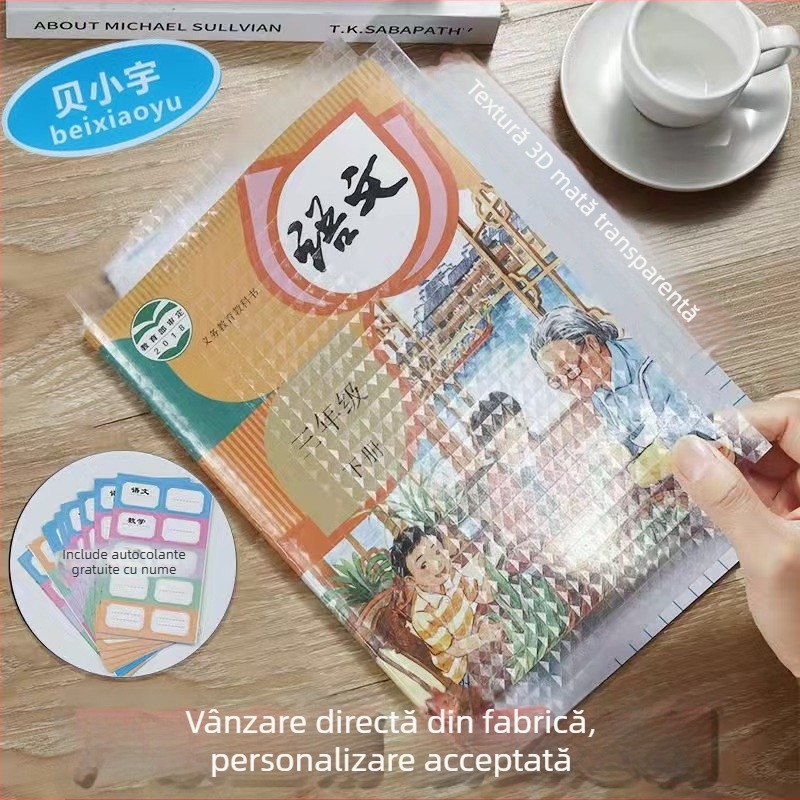 Folie autocolantă pentru copertă de carte, transparentă, mată, rezistentă la apă, pentru manualele elevilor din ciclurile primar și gimnazial, dimensiuni A4/16K/22K, ecologică