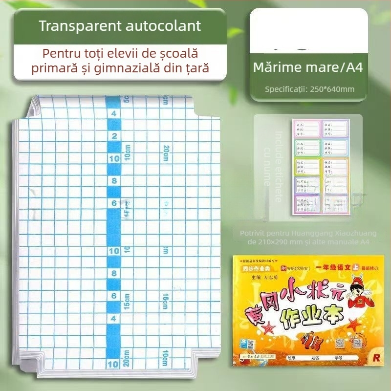 Folie autocolantă pentru copertă de carte, transparentă, mată, rezistentă la apă, pentru manualele elevilor din ciclurile primar și gimnazial, dimensiuni A4/16K/22K, ecologică