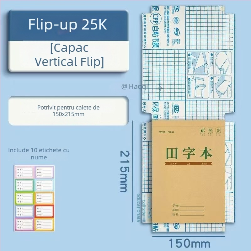 Folie autocolantă pentru copertă de carte, transparentă, mată, rezistentă la apă, pentru manualele elevilor din ciclurile primar și gimnazial, dimensiuni A4/16K/22K, ecologică