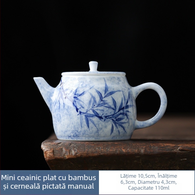 Ceainic ceramic pictat manual, cu motiv verde de bambus și filtru de separare ceai-apă, pentru uz casnic și birou