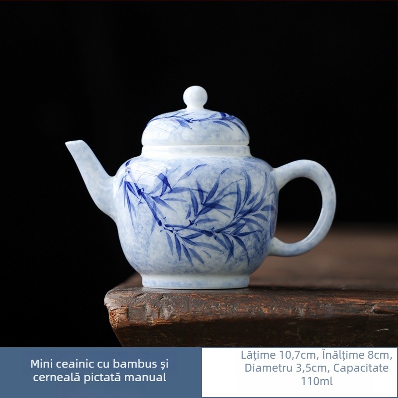 Ceainic ceramic pictat manual, cu motiv verde de bambus și filtru de separare ceai-apă, pentru uz casnic și birou