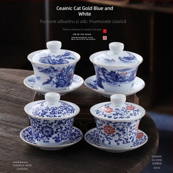Gaiwan ceramic mare, cu decor albastru-auriu, set Gongfu pentru ceremonia ceaiului, stil retro chinezesc