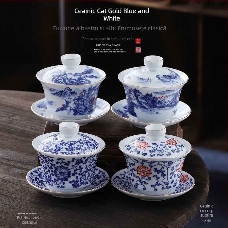 Gaiwan ceramic mare, cu decor albastru-auriu, set Gongfu pentru ceremonia ceaiului, stil retro chinezesc