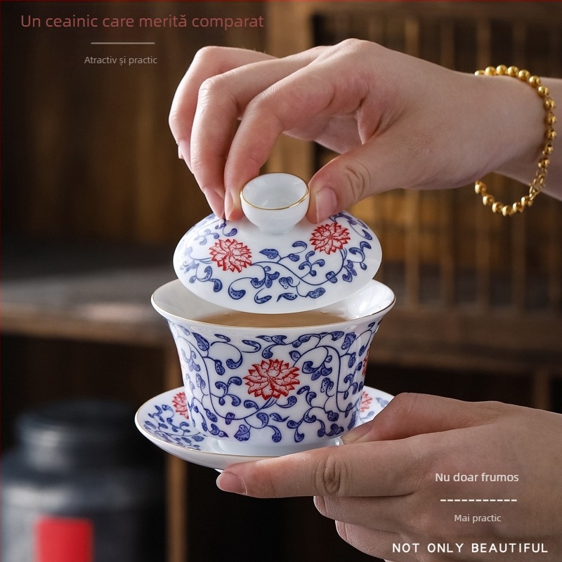 Gaiwan ceramic mare, cu decor albastru-auriu, set Gongfu pentru ceremonia ceaiului, stil retro chinezesc