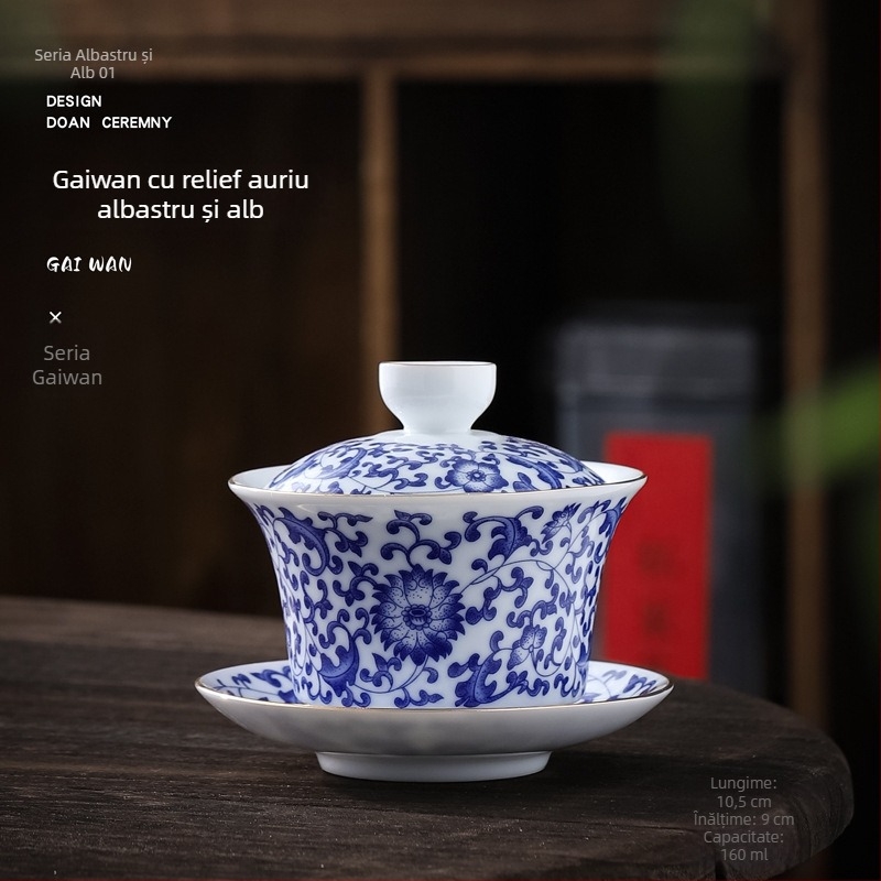 Gaiwan ceramic mare, cu decor albastru-auriu, set Gongfu pentru ceremonia ceaiului, stil retro chinezesc
