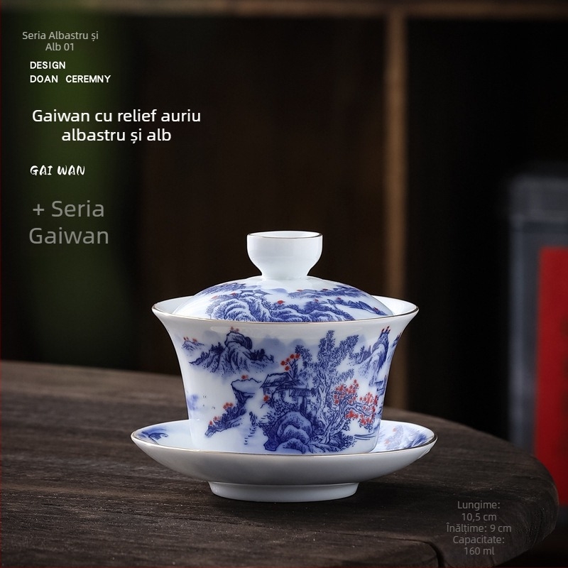 Gaiwan ceramic mare, cu decor albastru-auriu, set Gongfu pentru ceremonia ceaiului, stil retro chinezesc