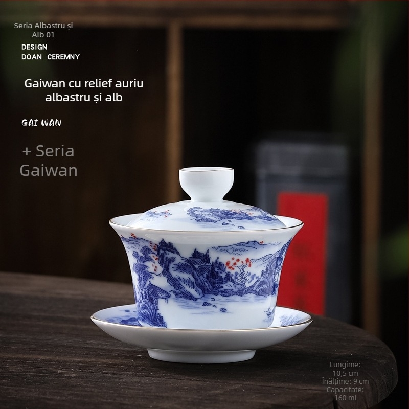 Gaiwan ceramic mare, cu decor albastru-auriu, set Gongfu pentru ceremonia ceaiului, stil retro chinezesc